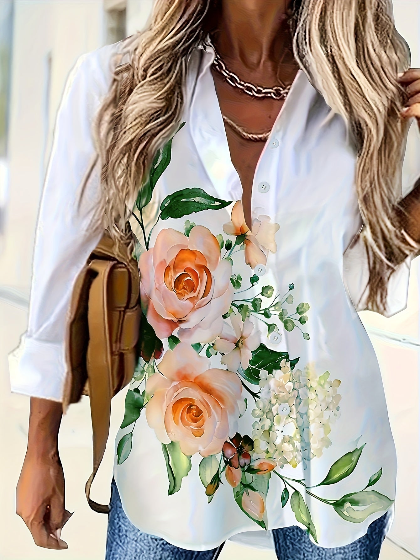 Women'S Floral Print Long Sleeve Casual Button-Up Shirt - White with Pink Roses & Green Leaves, Perfect for All Seasons, Casual Attire|Floral Print Shirt|Long Sleeve Shirt